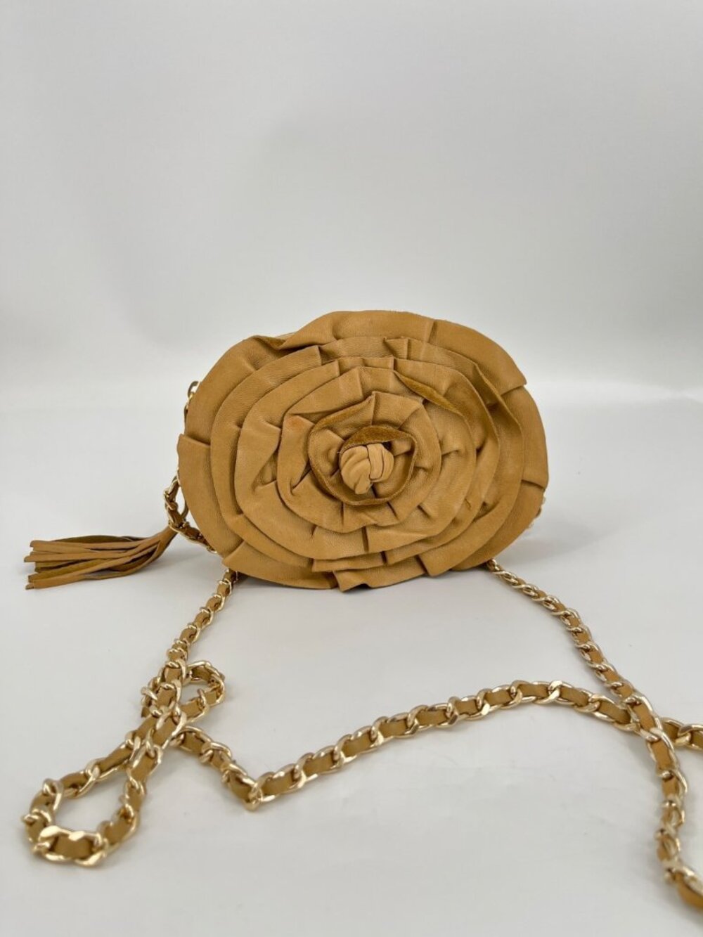 Vintage Nordstrom Crossbody Bag Tan Leather Rosette Chain Strap Tassel Italy